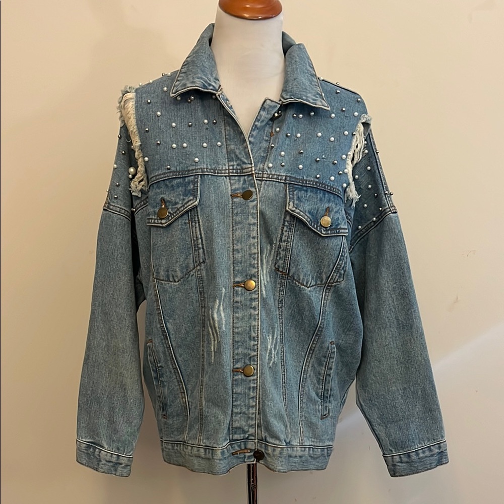 Salt Distressed Denim Jacket with Pearl and Silver Bead Accents Size ML